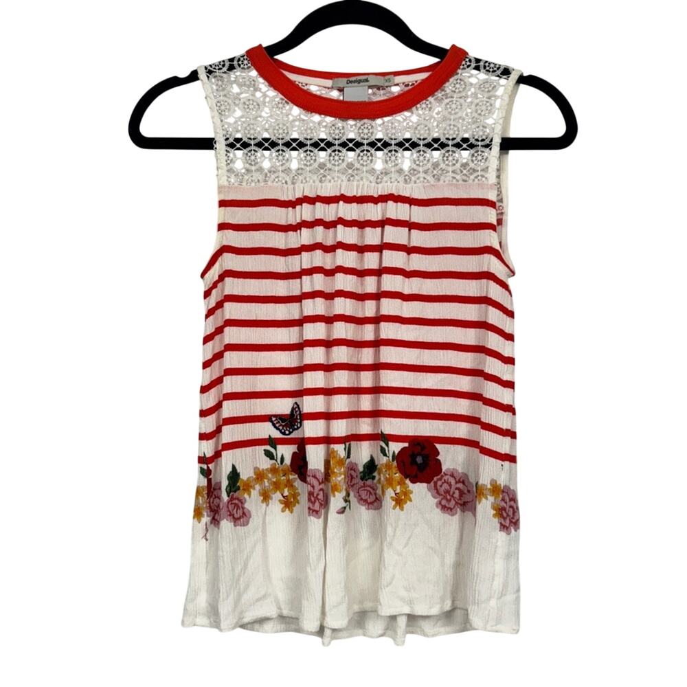 Desigual Cream Orange Striped Floral Crochet Tank Womens XS Boho Beachy Blouse